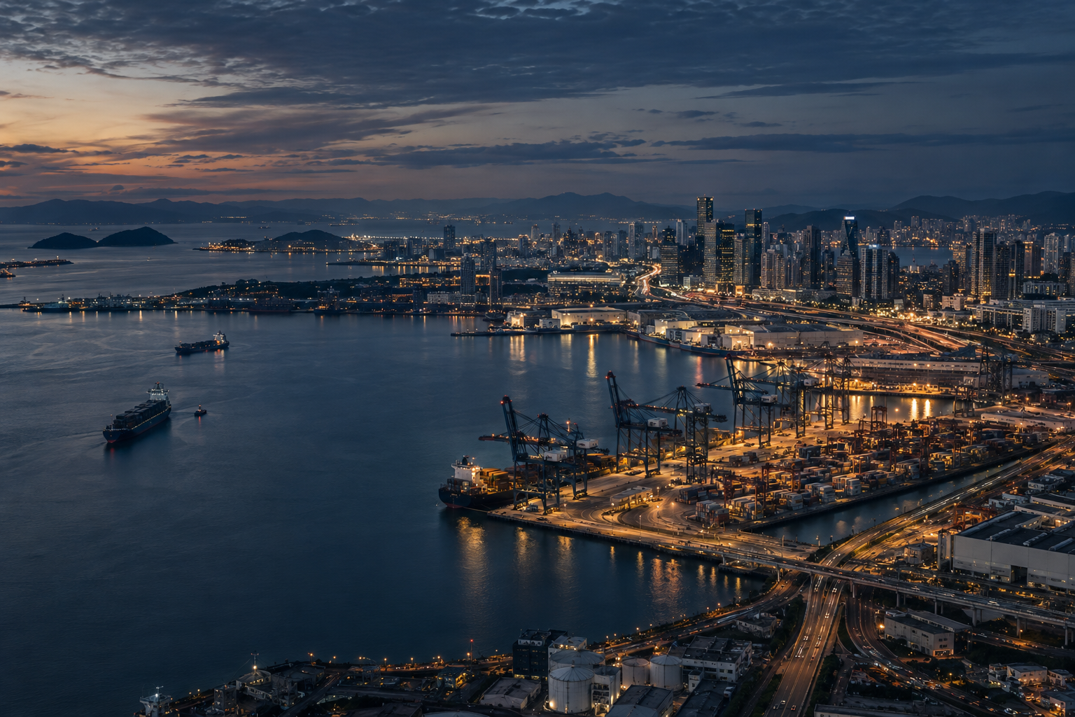 A coastal economic and logistics system at blue hour